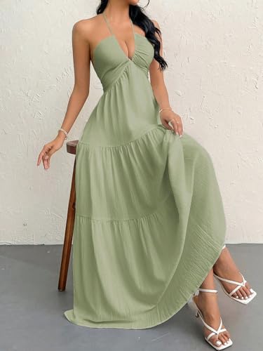 Image of Narecte Women's Maxi Summer Dresses Halter V Neck Beach Dresses for Women A-Line Casual Dress for Vacation