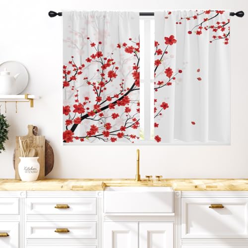 Coxila Cherry Blossom Kitchen Window Curtains 27.5 x 39 Inch Small Short Mini Cafe Rod Pocket Red Floral Sakura Flower Japanese Living Bedroom Room Home Treatment Set of 2 Curtain Panels Drapes Tiers