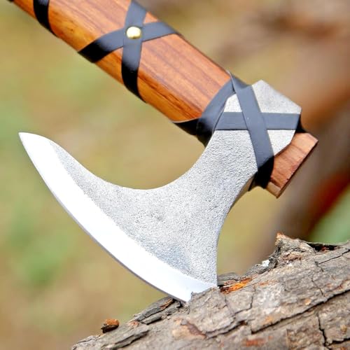 Image of Viking Axe of Ragnar Lothbrok Hunting Axe with Rosewood Handle - Hand-Forged High Carbon Steel Sharp Blade, Handmade Camping Axes, Hatchet-Norse Ax, Tomahawk Vikings Bearded Axes, with Leather Sheath