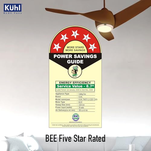 Image of KUHL Twist L31320 mm 65% Power Saving BLDC Ceiling Fan | BEE 5 Star Rated & ISI Marked | High Air Flow |5YearWarranty on Motor By Brand |Free Installation | IoT - Operate via Mobile & Alexa | Brown