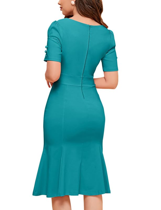 Image of MUXXN Women's Vintage 1950s Midi Crew Neck Short Sleeve Party Cocktail Work Casual Bodycon Dress