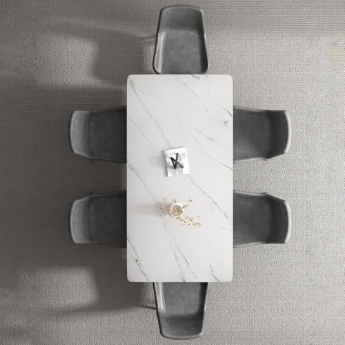 مجموعة طاولة طعام مستطيلة مكونة من 6 مقاعد من جاسبر | طاولة مطبخ متينة بسطح رخامي مع كراسي من جلد البولي يوريثين | مجموعة طعام 1+6 مقاعد للمنزل وغرفة الطعام (رمادي/ابيض، 1+6)