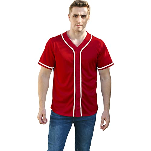 Mowbeat Men Baseball Jersey Button Down Shirts Sports Uniform Jersey Striped T-Shirt Active Short Sleeve Tee Team Clothing Red
