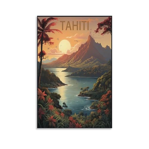 NGeniC Poster de voyage vintage Tahiti Polynésie française coucher de soleil 20 x 30 cm Impression sur toile pour décoration murale salon chambre à coucher
