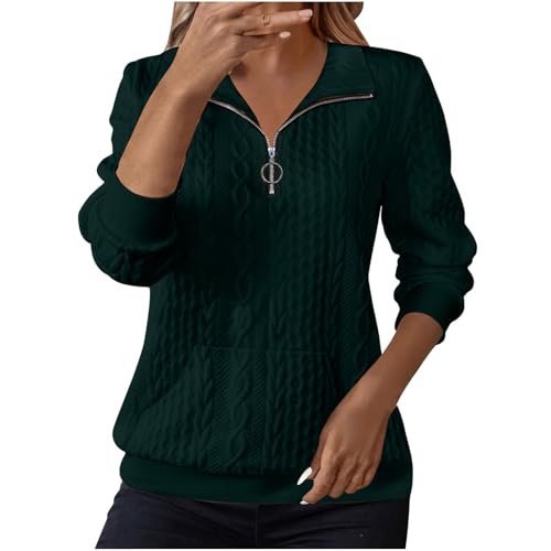 Sweatshirts for Women Cable Knit Jumpers Lapel Half Zip Pullover Ladies Thermal Sweatshirt Long Sleeve Tops Winter Autumn Sweaters Warm Tunics for Office Work Daily Going Out Wear Green
