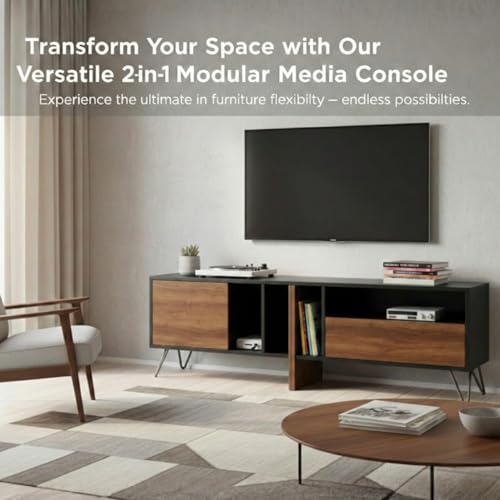 Image of FFO TV Unit, TV cabinet 180 cm 6ft | TV Unit 75 Inch+ for Living Room | Black TV Stand Wooden with Metal legs TV Console | TV Cabinet with Storage | TV Console Unit for 43, 55, 65, 75 Inch TVs |(DIY).