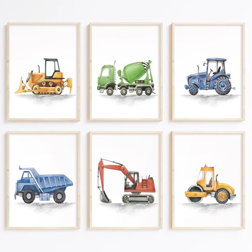 Image of Joocrise Boys Truck Wall Art Set of 6 Truck Vehicle Canvas Wall Decor Toddler Construction Wall Art Watercolor Playroom Kids Pictures Prints Nursery Artwork for Room Bedroom 8x10 Inch Unframed