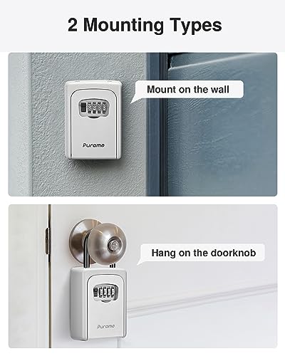 Image of Puroma Large Key Lock Box With Resettable Combination Code, Portable Wall Mount Waterproof Security Safe for Outside, Outdoor Home Office Door Handle House Key, Silver (1 Pack)