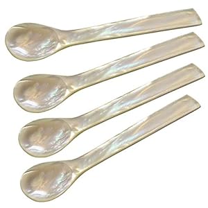 EDZARD set van 4 paarlemoer lepels kaviaarlepels eierlepels van echt zeeparelmoer (geen gekweekte parel!), Hoogwaardig handwerk, lengte ca. 12 cm, rechte hoeken, incl. Stabiele box