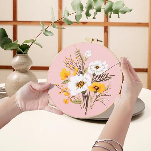 Image of Ohcol 3 Sets Embroidery Kit,Cross Stitch Kits Needlepoint Kits for Adults Beginner,Needle Point Kits with Washable Pre-Printed Floral Pattern,Hoops,Women DIY Hand Crafts