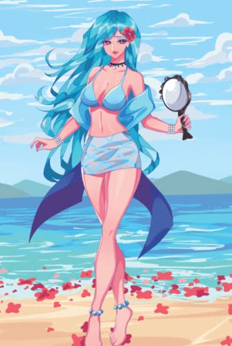 Mermaid Hardcover Notebook Modern Anime Siren Beach Girl Journal: 120 line pages, 6”x9”, mermaid with scales fashion swimsuit, ''Flor de Maga'' ... and mermaid mirror, aqua blue color back image 2