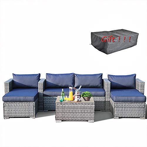 Leaptime Patio Furniture Sofa Garden Couch Set 7 Piece Pe Rattan Sofa With Weather Cover Outdoor Sectional Sofa Deck Conversation Furniture Set Gray Wicker Navy Blue Cushion Wantitall