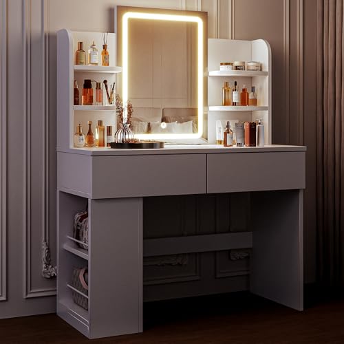Airfish Schminktisch mit Beleuchtung, Schminktisch mit Spiegel und Verdeckter LED Lichtleiste, DREI...