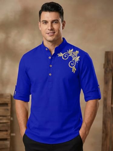 Image of DEEMOON Men's Full Sleeve Short Kurta Shirt with a Trendy Mandarin Collar Crafted from a Premium Cotton Blend for Comfort Ideal for Casual and Semi-Formal Occasions