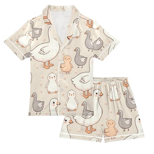 ALAZA Duck Geese Funny Stylish Pajamas Satin Pajama Set Short Sleeve Button Down Sleepwear