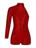 Xnihocha Kids Girls Sparkly Sequin Gymnastics Leotard One Shoulder Long Sleeve Biketard One Piece Ballet Dance Outfits Red 8 Years
