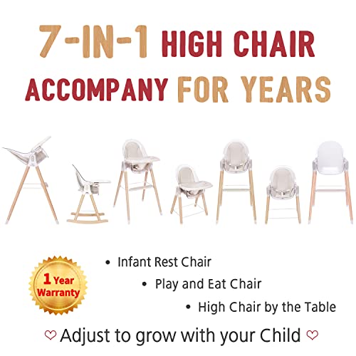 Baby High Chair, 7-In-1 Convertible Wooden High Chair, Rocking Chair Recline Chair With Adjustable Hardwood Leg, High Chairs For Babies And Toddlers, Double Dishwasher Safe Tray & Premium Leatherette #TOP1