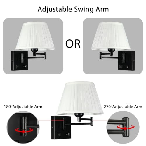 Image of Wall Lamps for Living Room Bedroom Reading Light, Bulb Included | Wall Sconce with USB C+A Charging Ports, Adjustable Swing Arm 270, Adjustable Color Temperature, White Fabric Cone lampshade
