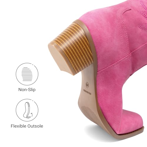 DREAM PAIRS DREAM PAIRS Cowboy Boots for Women Cowgirl Western Boots Fashion Embroidery Stitched Chunky Heel Mid Calf Boots,Size 7,Pink-Nubuck,DWUMMB2504