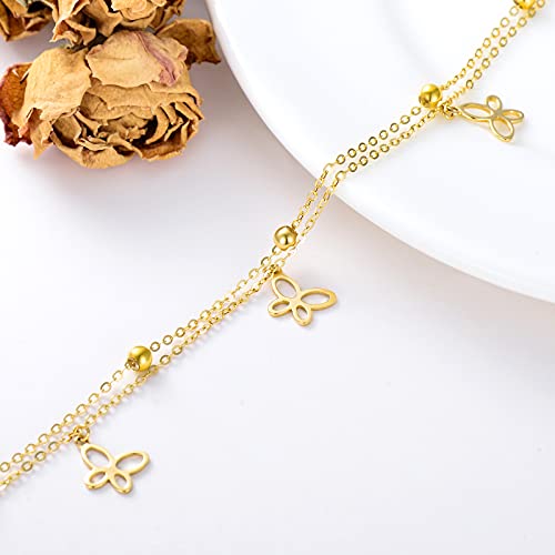 Image of SISGEM 14K Real Gold Butterfly Anklet for Women,Yellow Gold Butterfly Anklets Bracelets Beads Station Anklet Double Foot Link Beach Anklets Anniversary Birthday Jewelry Gifts for Wife Mom 8''+2''