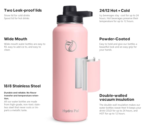 Image of HydroPal Vacuum Insulated Water Bottle 1200ml /1000ml /750ml /500ml, 2 Lids (Straw & Spout), 12H Hot 24H Cold, BPA Free Stainless Steel Bottle, Leakproof Sports Water Bottle for Gym, Travel, Work