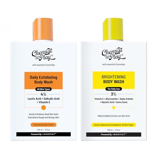 Image of Chemist At Play Exfoliating Body Wash (236ml) + Brightening Body Wash (236ml) | With Lactic Acid, Salicylic Acid, Vitamin C, Niacinamide, Ceramides & Hyaluronic Acid | Smoothens & Brightens Skin