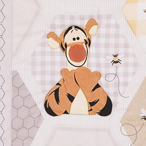Disney Winnie The Pooh Hugs And Honeycombs Grey, White, And Tan Patchwork With Piglet, Tigger And Eeyore 3 Piece Crib Bedding Set - Comforter, 100% Cotton Fitted Crib Sheet, And Crib Skirt #TOP6