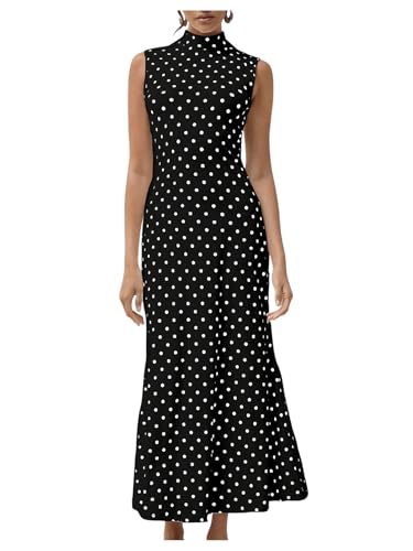 Milumia Women's Polka Dots Maxi Tank Dress Vintage Mock Neck Sleeveless Elegant Long Dresses