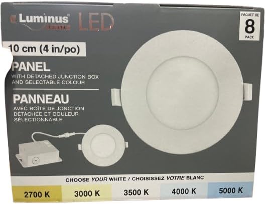 Luminus LED Panel Light packaging showing the selectable colour temperature options: 2700K, 3000K, 3500K, 4000K, and 5000K.