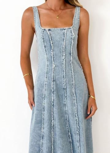 Image of chouyatou Women's Adjustable Spaghetti Strap Maxi Long Denim Dress A-Line Swing Distressed Jean Sun Dress