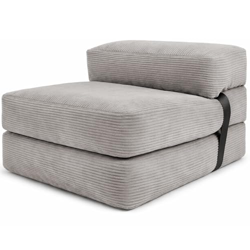 bananair - Poltrona Letto Singolo - Pouf Trasformabile in Letto Sfoderabile in Velluto a Coste - Futon Giapponese Pieghevole Pratico e Confortevole, Imbottito in Schiuma (70 x 190 cm, Grigio Chiaro)