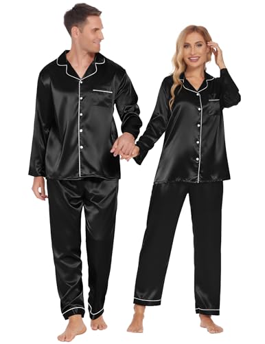 Image of Ekouaer Couples Matching Pajamas Silk Long Sleeve Sleepwear Satin Pjs Set