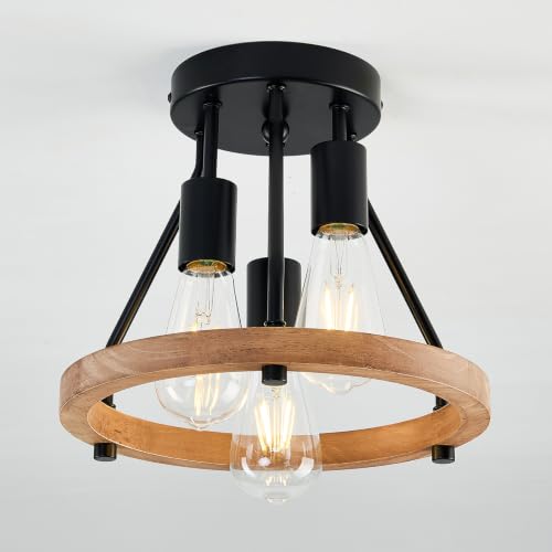 3-Light Wood Semi Flush Mount Ceiling Light Fixture Metal Rustic Ceiling Light Industrial Farmhouse Chandelier for Hallway Entryway Bedroom Kitchen Foyer Passway Balcony
