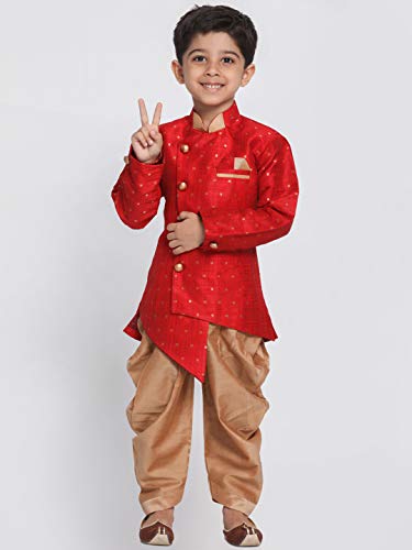Image of JBN Creation Light Blue Cotton Silk Blend Boys Indo Wstern Style Sherwani Set