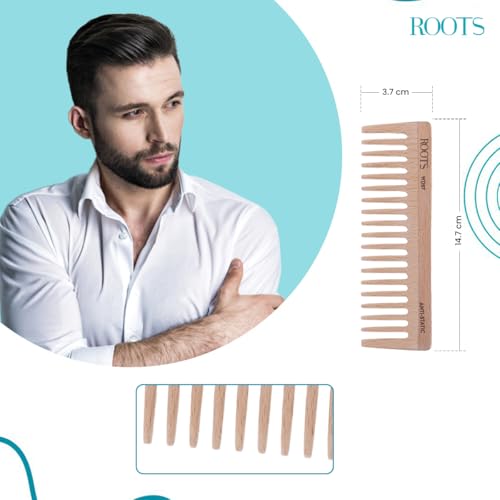 Image of ROOTS Wooden Comb | Wide Teeth | Round Teeth prevent Hair & Scalp damage| 100% Natural Wood | Anti-Frizz & Shine | For Long, Thick & Dry Hair | For Men & Women | Length - 5.7 Inch | Model No - WD57