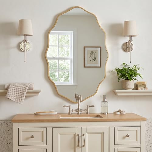 PERFNIQUE Gold Scalloped Mirror 30L18W Oval Wavy Wood Framed Mirror for Wall Decor Hanging Leaning for Bathroom Nursery Entryway Vanity Living Room