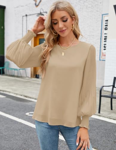 Image of Aifer Womens Tops Dressy Casual Long Sleeve Shirts Chiffon Blouses | Sheer Pleated Lantern Sleeves, Crew Neck, Back Keyhole, Versatile, Ideal for Office Workwear, Daily Outfits, Party Looks