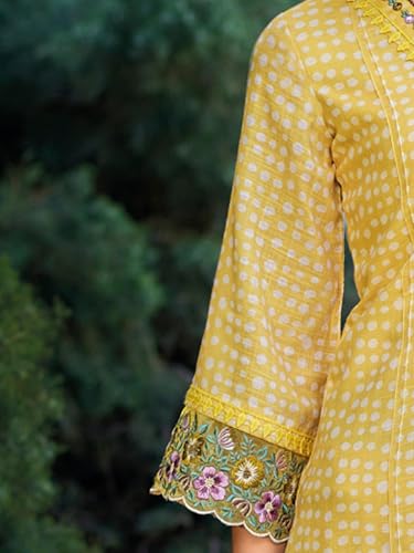 Image of INDO ERA Women's Straight Linen Floral Embroidered Kurta Pant with Dupatta Set (IEOUT9905)