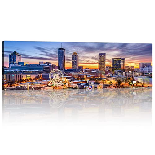 Sunset Atlanta Wall Art Burnt Orange Cityscape Poster Downtown City Canvas Prints USA Ferris Wheel Pictures Wall Decor for Living Room Architecture Artwork Framed Bedroom Office Home Decoration 14x48”