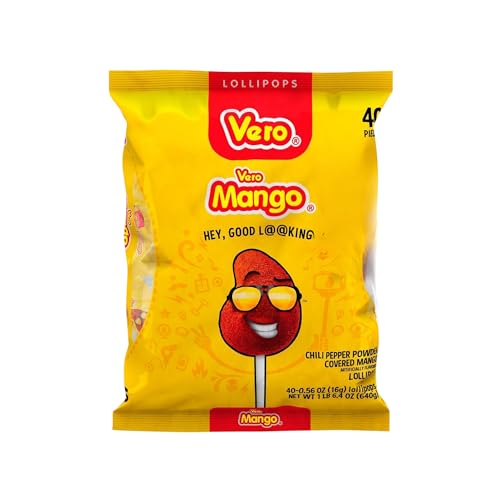 Vero Mango Flavored Lollipops Covered in Chili Powder 40 Count Bag (Net Wt. 22.4 Ounces) - Individually Wrapped Mexican Candy for Piñatas, Halloween, and More