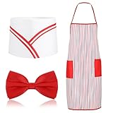 Quilax Waiter Costume Kit, 3 PCS Adult Carnival Costume, Red and White Striped Apron with 2 Pockets Chef Hat Red Bow Ties,1950s Carnivals Cosplay for Circus Hot Dog Costumes, Carnival Outfit