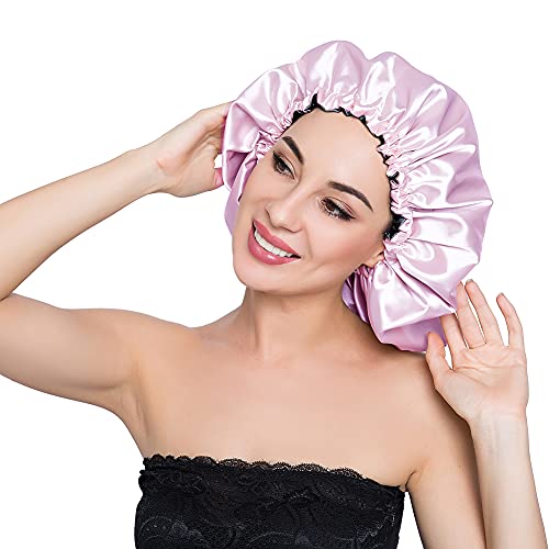 Image of Stain Bonnet Silk Sleep Cap Adjustable Satin Cap for Night Sleeping Hair Bonnet Reversible Double Layer