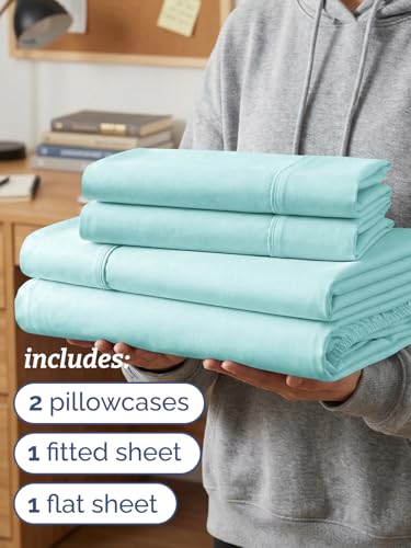Image of Twin XL 4 Piece Sheet Set - College Dorm Room Essentials - Spa Blue | Ultra Soft Dorm Bedding Set, 8 inch to 16 inch Inch Deep Pockets, 1 Flat & 1 Fitted Sheet & 2 Pillowcases, Wrinkle & Fade Free