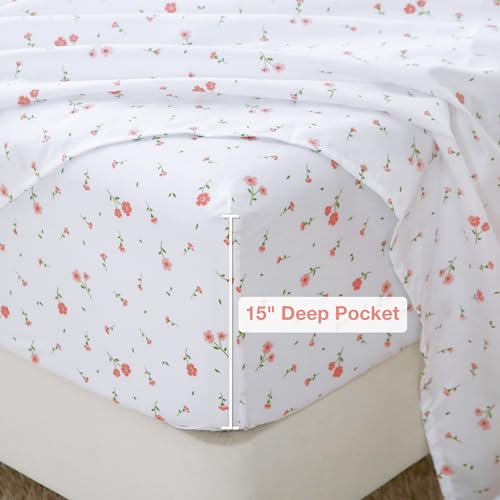 Image of Softan Pink Flower Sheets for King Size Bed - 4 Piece Microfiber Floral Sheet Set with 15 inch Deep Pocket, Cute Pink Spring Flower Sheets and Pillowcase Set