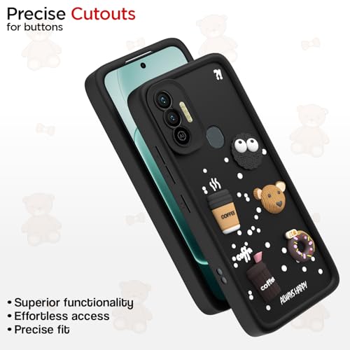 Image of Outlouders Back Cover for Tecno Spark 7 / 7T | 3D Cartoon Bear Cute Fun Silicone Full Body Protection Bumper Case (Black)