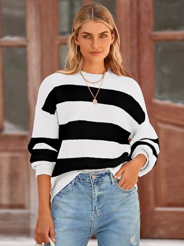 PRETTYGARDEN Womens 2024 Oversized Lantern Long Sleeve Striped Sweaters Fall Casual Crewneck Loose Chunky Knit Pullover Tops4