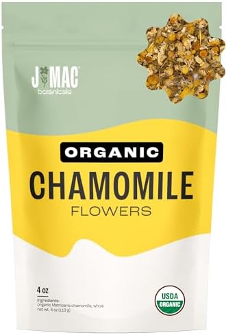 J Mac Botanicals, Organic Chamomile Flowers (4 oz), Certified Organic by Organic Certifiers, Inc. Whole Dried Chamomile flowers, Loose Leaf Organic Chamomile Tea, Chamomile Tea, chamomile flowers