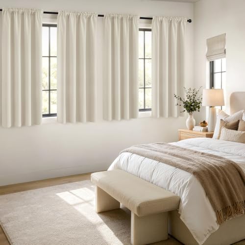 Image of MIULEE Beige White Room Darkening Bedroom Curtains 63 Inch Length 4 Panels