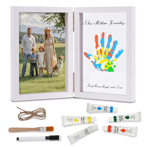 Nabance Marco de Huellas Familiares Personalizable - 2 en 1 - Marco de recuerdo & Marco de Fotos con la Huella de la Mano (4Pcs), Regalo Único para Padres y Bebés, Decoración del Hogar(Blanco)