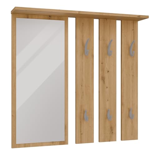 ARREDO DA CASA Appendiabiti a Parete Moderno 85x82x15 cm – 6 Ganci, Mensolina & Grande Specchio – Nobilitato con Bordi ABS – Disponibile Rovere/Bianco/Rovere Chiaro MIT7 (Rovere)